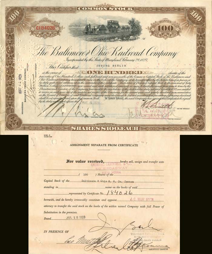Baltimore and Ohio Railroad Co. signed by Irving Berlin - Stock Certificate